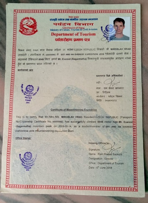 certifikát z Mount Everestu